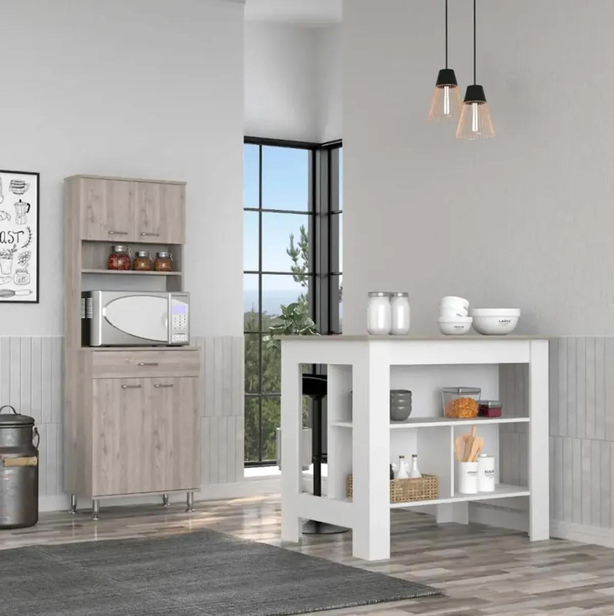 Newton 8-Shelf 1-Drawer 2-Piece Kitchen Set, Kitchen Island And Pantry Cabinet White And Light Gray