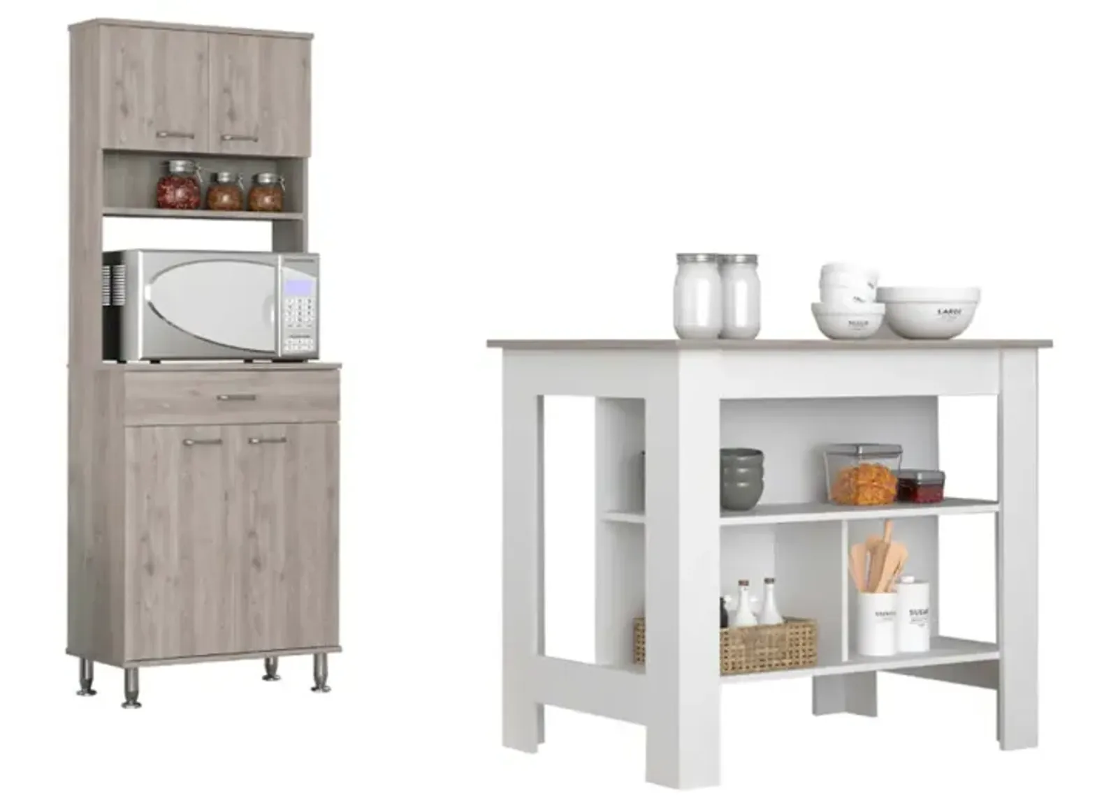 Newton 8-Shelf 1-Drawer 2-Piece Kitchen Set, Kitchen Island And Pantry Cabinet White And Light Gray