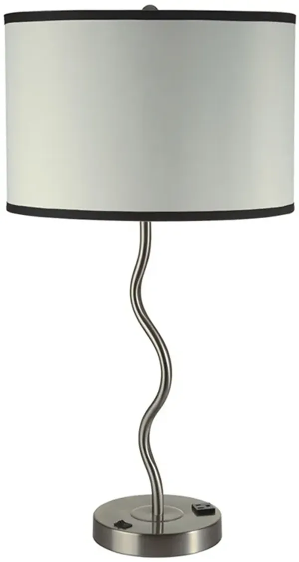29 Inch Round Drum Shade Table Lamp, Curved Tubular Frame, Silver - Benzara