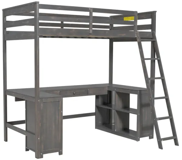 Whisen Elegant Design Twin Size Loft Bed with Desk, Drawers and Storage Shelves