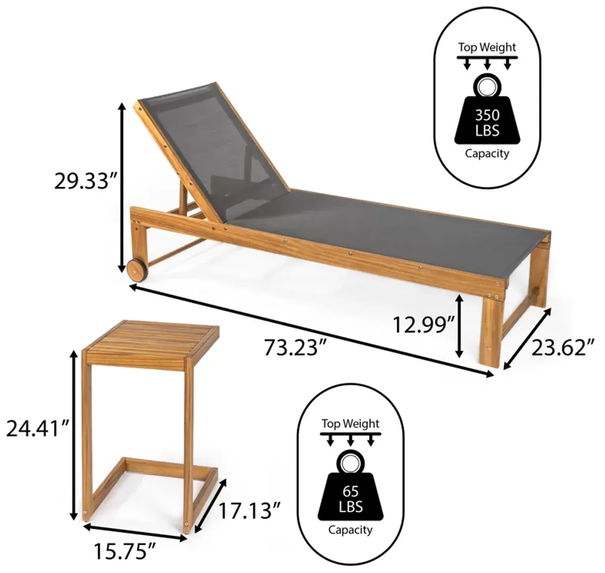 Trabuco Coastal Modern Acacia Wood Mesh 3-Position Outdoor Chaise Lounge Set with Side Table