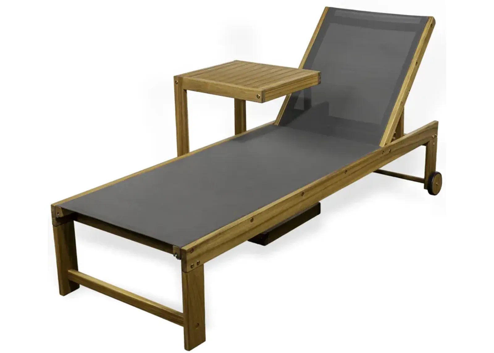 Trabuco Coastal Modern Acacia Wood Mesh 3-Position Outdoor Chaise Lounge Set with Side Table