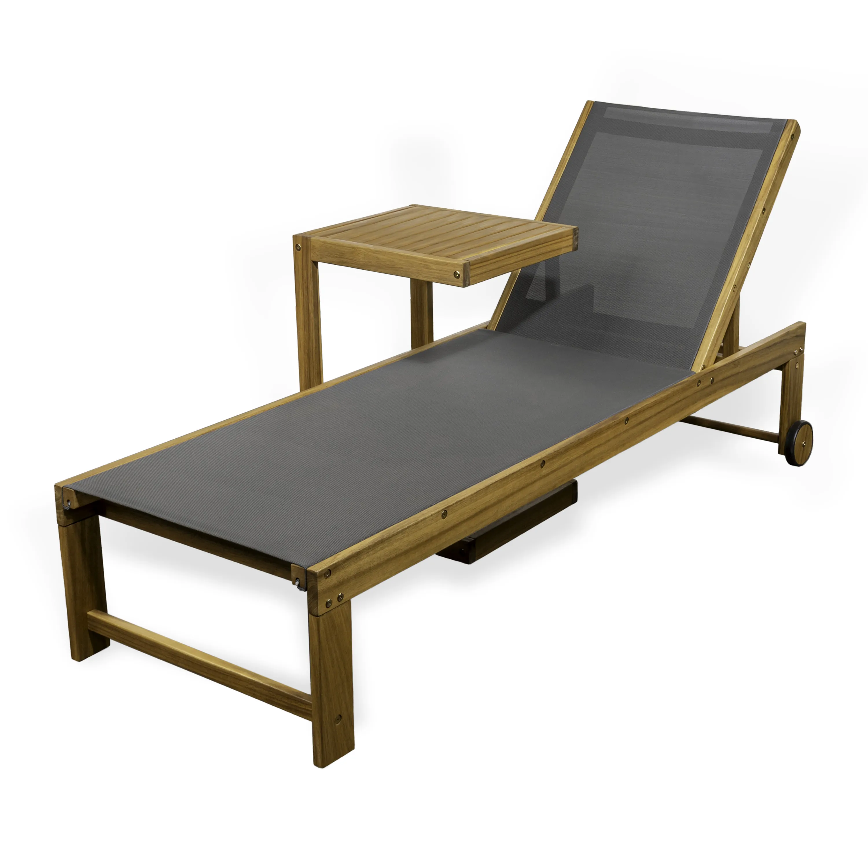 Trabuco Coastal Modern Acacia Wood Mesh 3-Position Outdoor Chaise Lounge Set with Side Table, Dark Gray/Teak Brown