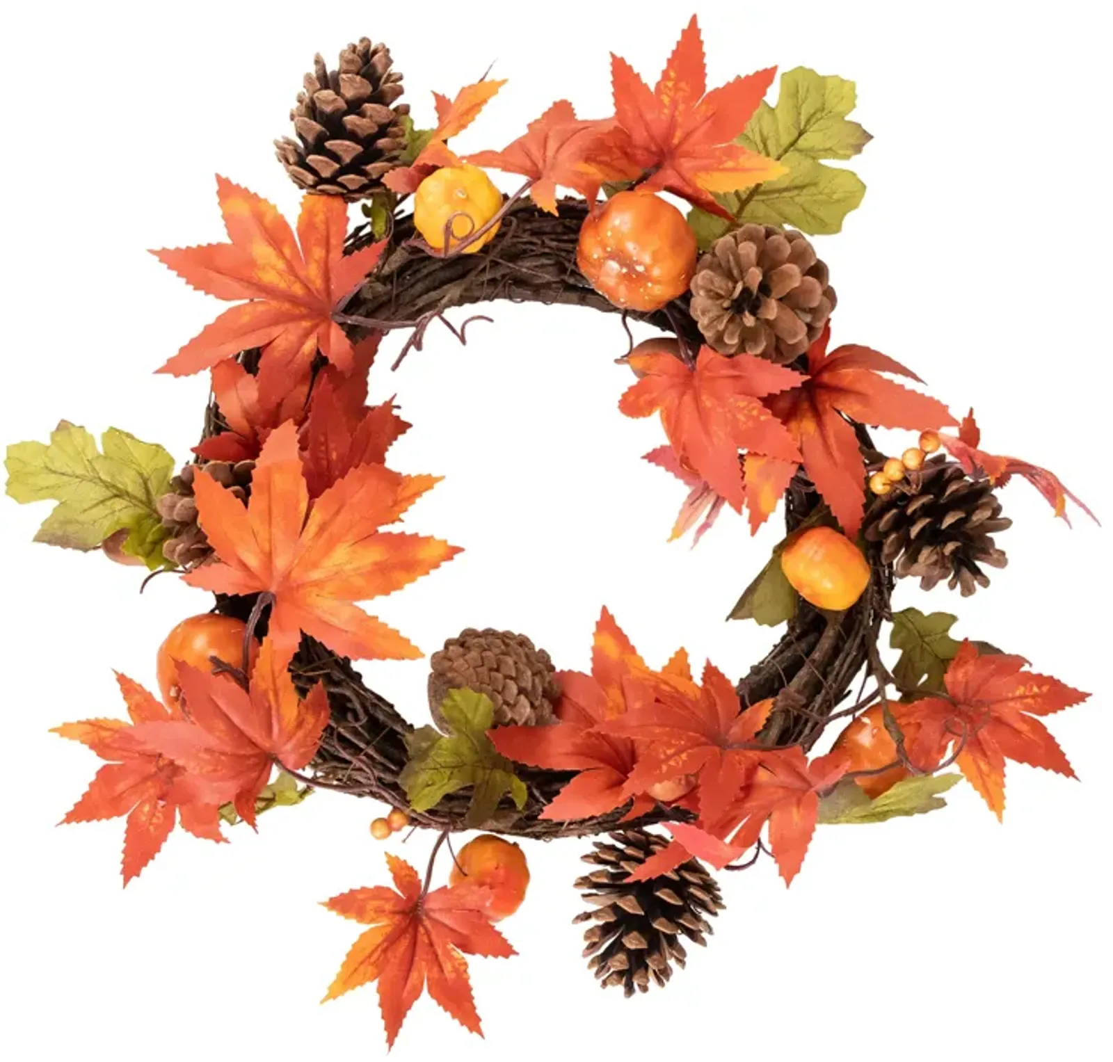 Orange Foliage with Pine Cones and Pumpkins Autumn Harvest Wreath  10-Inch  Unlit