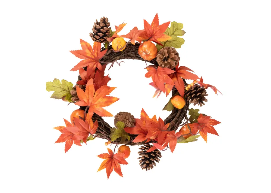 Orange Foliage with Pine Cones and Pumpkins Autumn Harvest Wreath  10-Inch  Unlit