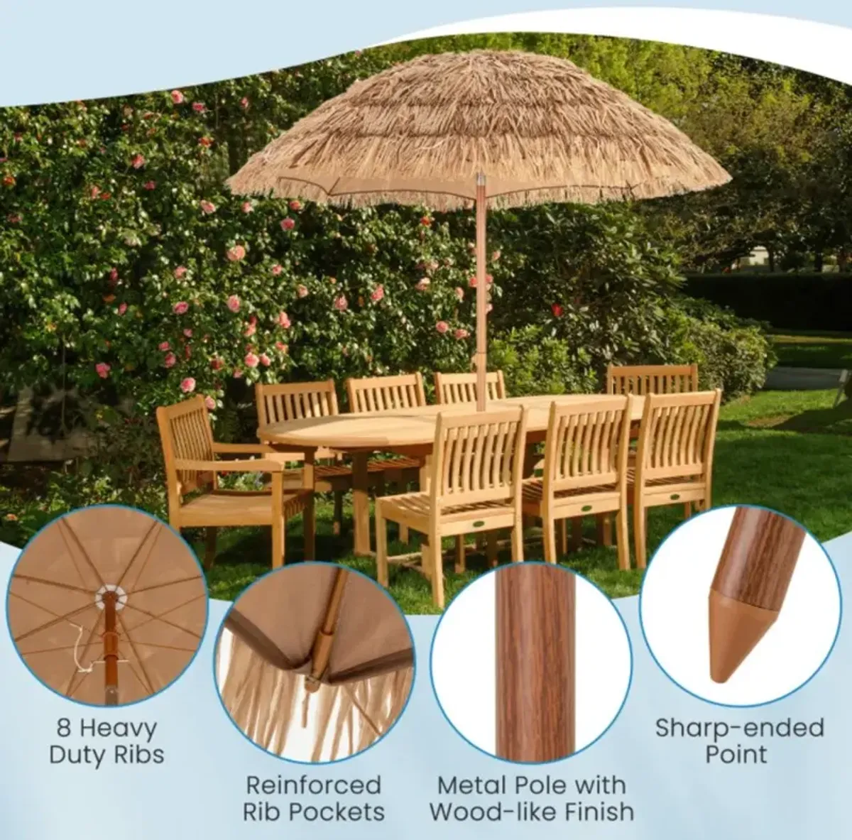 Hivvago 6.5 Feet Thatched Tiki Umbrella with Foldable Stand Push Button Tilt