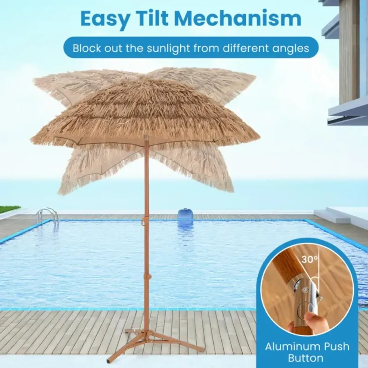 Hivvago 6.5 Feet Thatched Tiki Umbrella with Foldable Stand Push Button Tilt