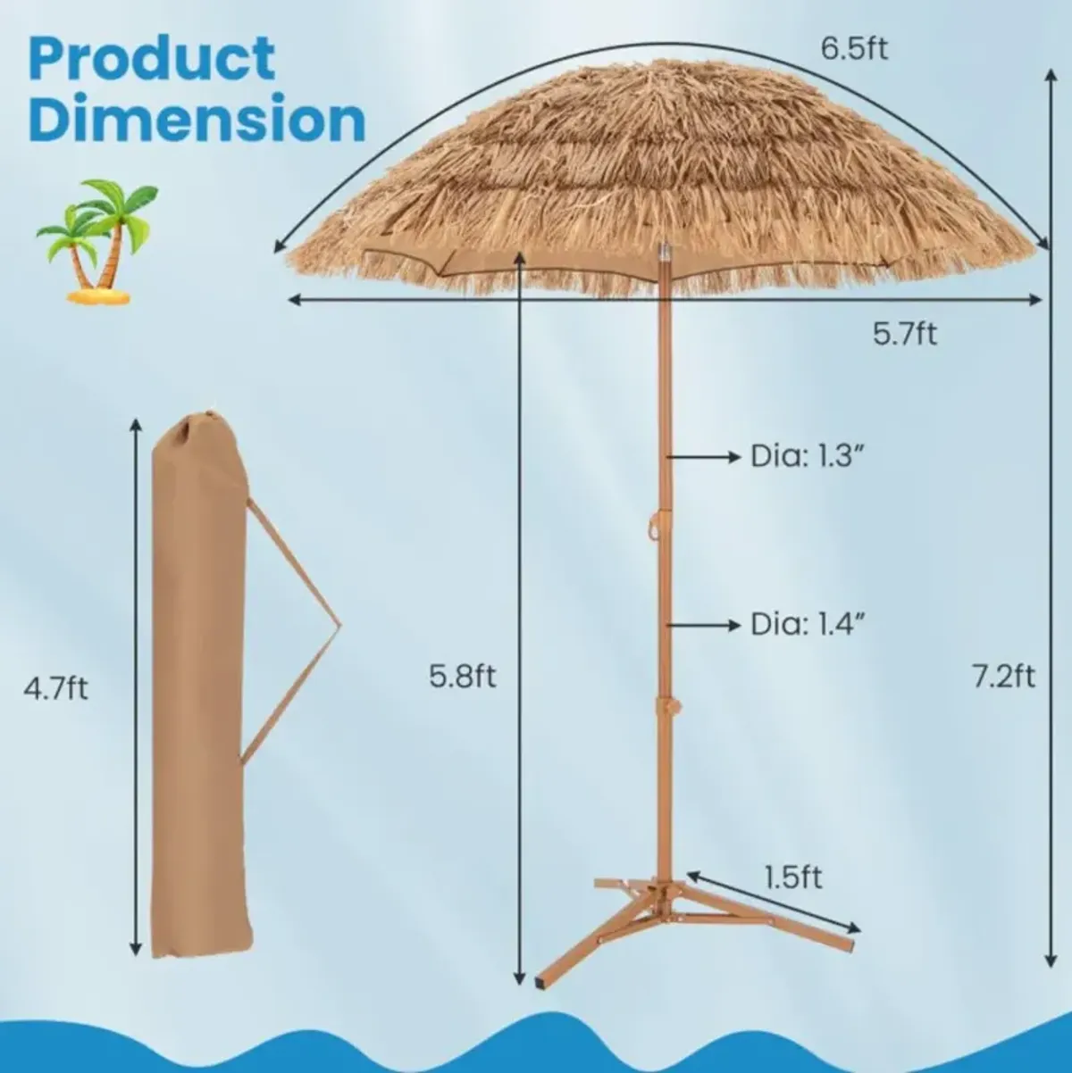 Hivvago 6.5 Feet Thatched Tiki Umbrella with Foldable Stand Push Button Tilt