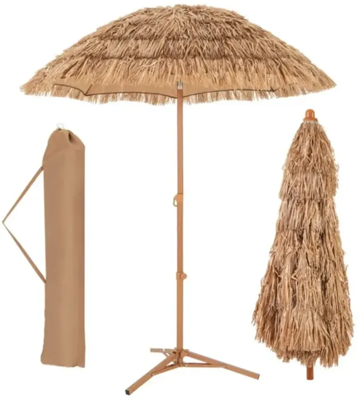 Hivvago 6.5 Feet Thatched Tiki Umbrella with Foldable Stand Push Button Tilt