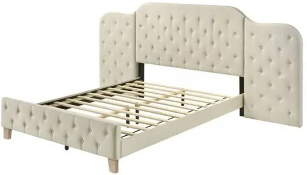 Ronny Inch Queen Size Bed, Wall Headboard, Beige Linen Tufted Upholstery - Benzara
