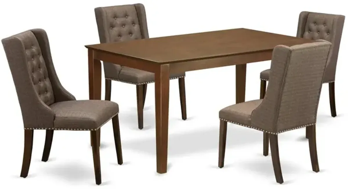 East West Furniture CNFO5-N8-18 5-Pc Kitchen Dining Room Set Includes 1 Rectangular Table and 4 Brown Linen Fabric Parsons dining room chairs with Button Tufted Back - Antique Walnut Finish