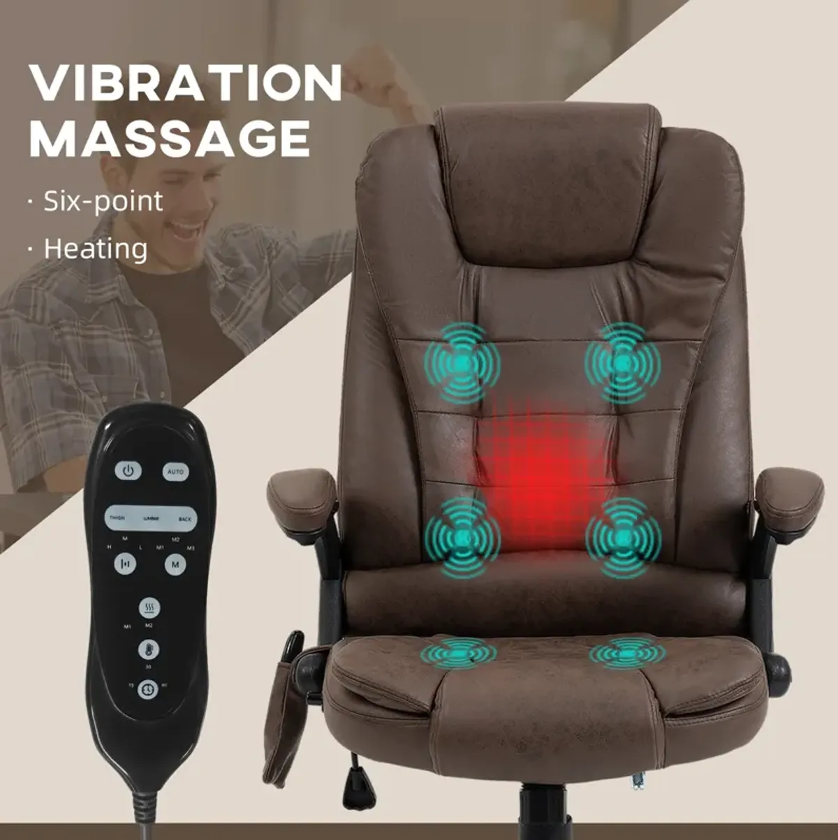 HOMCOM 6 Point Vibrating Massage Office Chair with Heat, Microfiber High Back Executive Office Chair with Reclining Backrest, Padded Armrests and Remote, Coffee