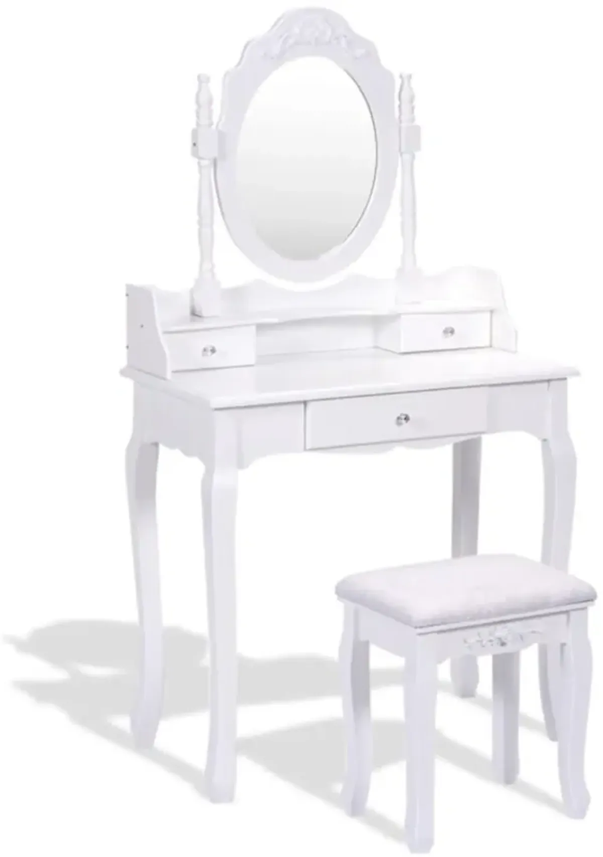 Hivvago Vanity Table Set with Cushioned Stool with 360Â° Rotating Oval Mirror and Three Drawers-White