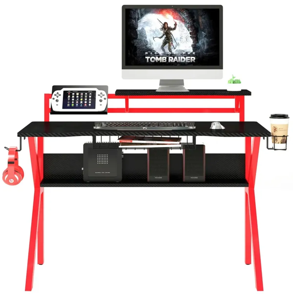 PVC Coated Ergonomic Metal Frame Gaming Desk, Black and Red-Benzara