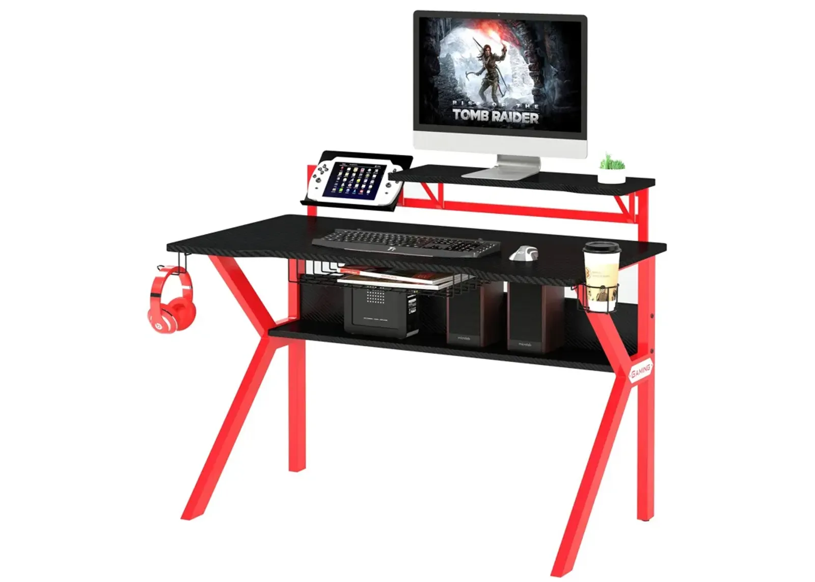 PVC Coated Ergonomic Metal Frame Gaming Desk, Black and Red-Benzara