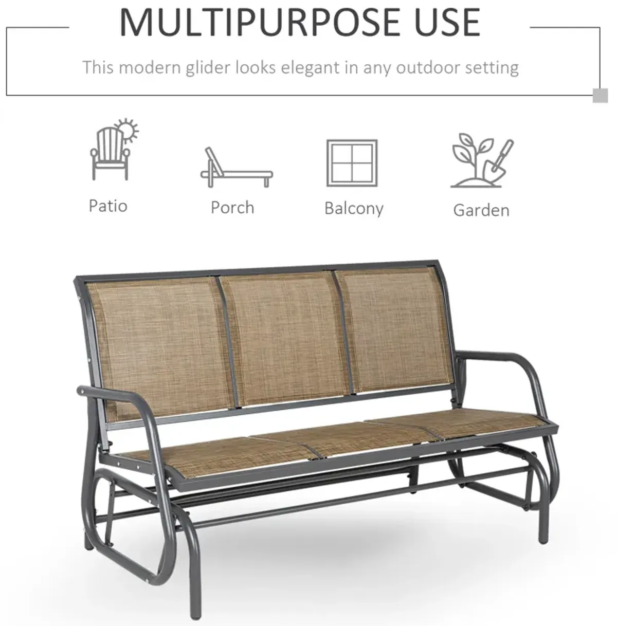 Outsunny 3-Person Patio Glider Bench, Outdoor Porch Glider Swing with 3 Seats, Breathable Mesh Fabric, Metal Frame, Light Mixed Brown