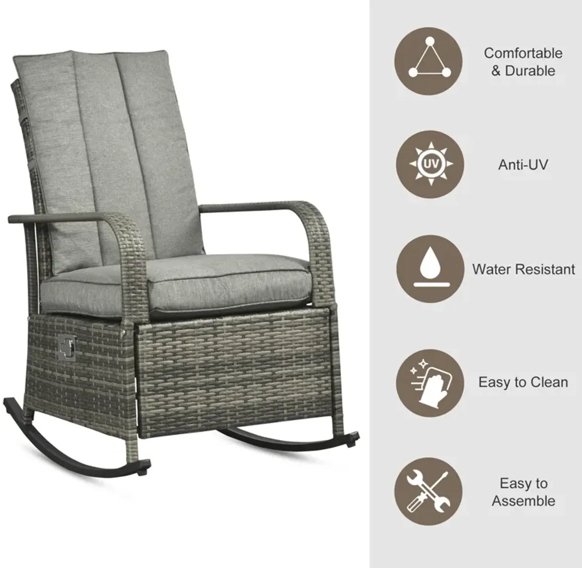 Gray Outdoor Relaxer: Rattan Rocking Chair Glider with Footrest