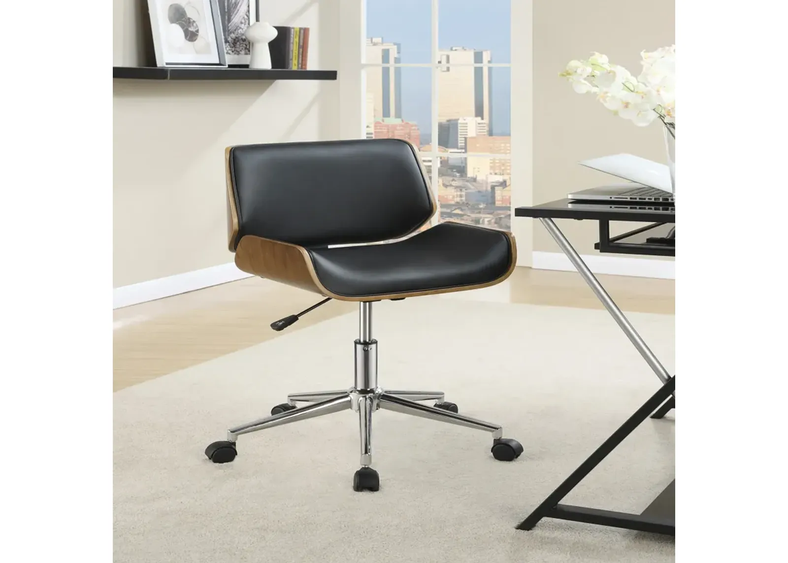 Contemporary Small Back Home Office Chair, Black/Walnut-Benzara