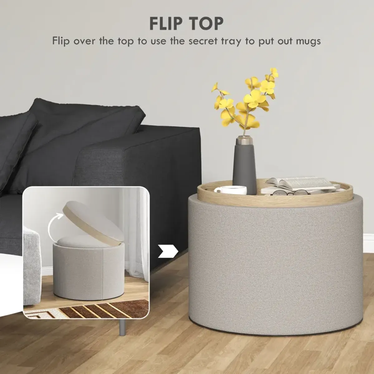 Gray Linen Round Ottoman: Flip-Top Tray, Hidden Storage