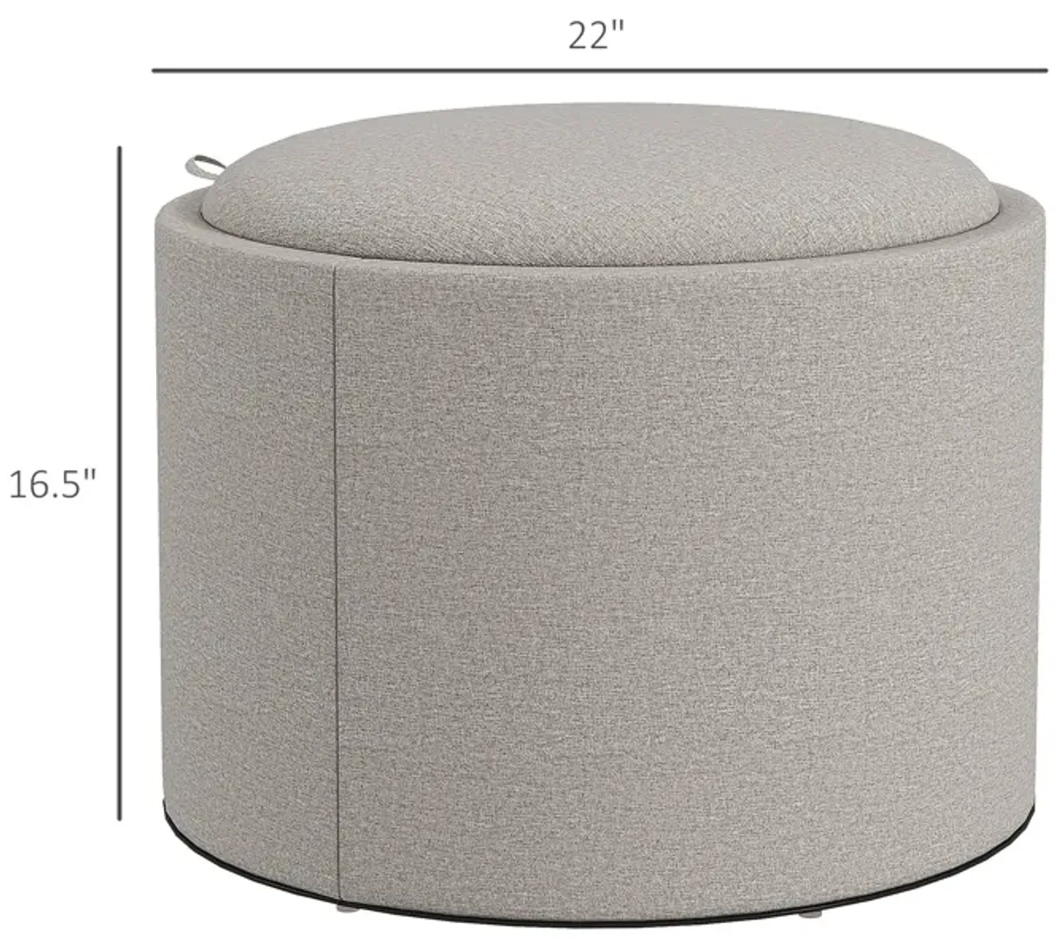 Gray Linen Round Ottoman: Flip-Top Tray, Hidden Storage