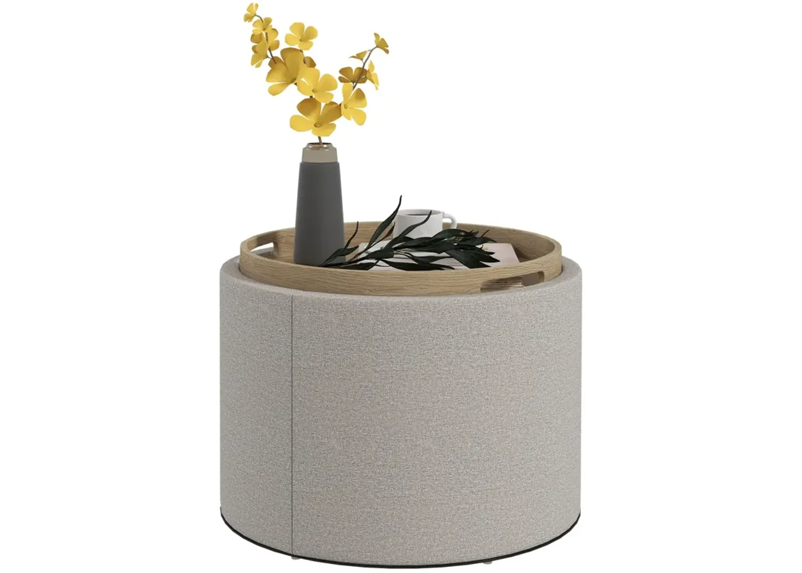 Gray Linen Round Ottoman: Flip-Top Tray, Hidden Storage