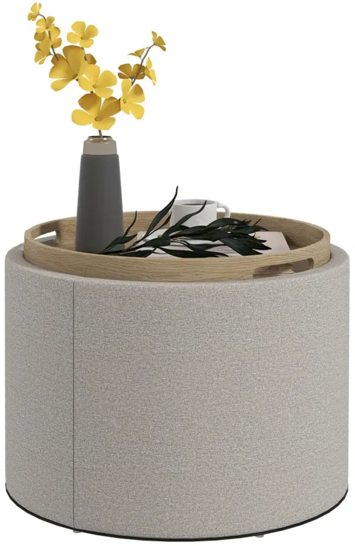 Gray Linen Round Ottoman: Flip-Top Tray, Hidden Storage