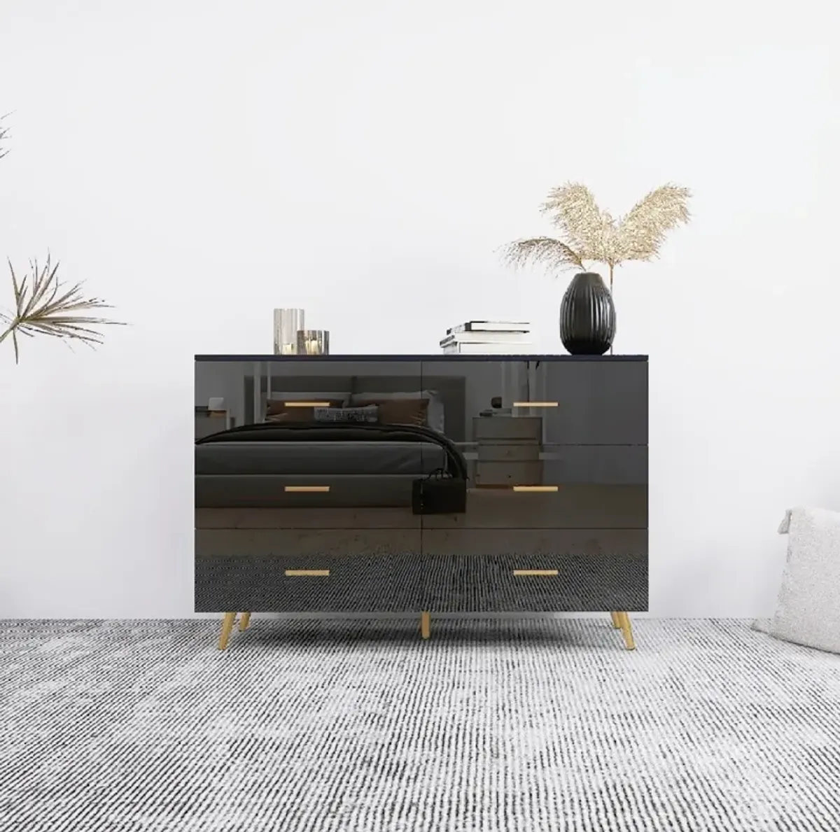 6 Drawer Chest with Golden Accents in Black Finish