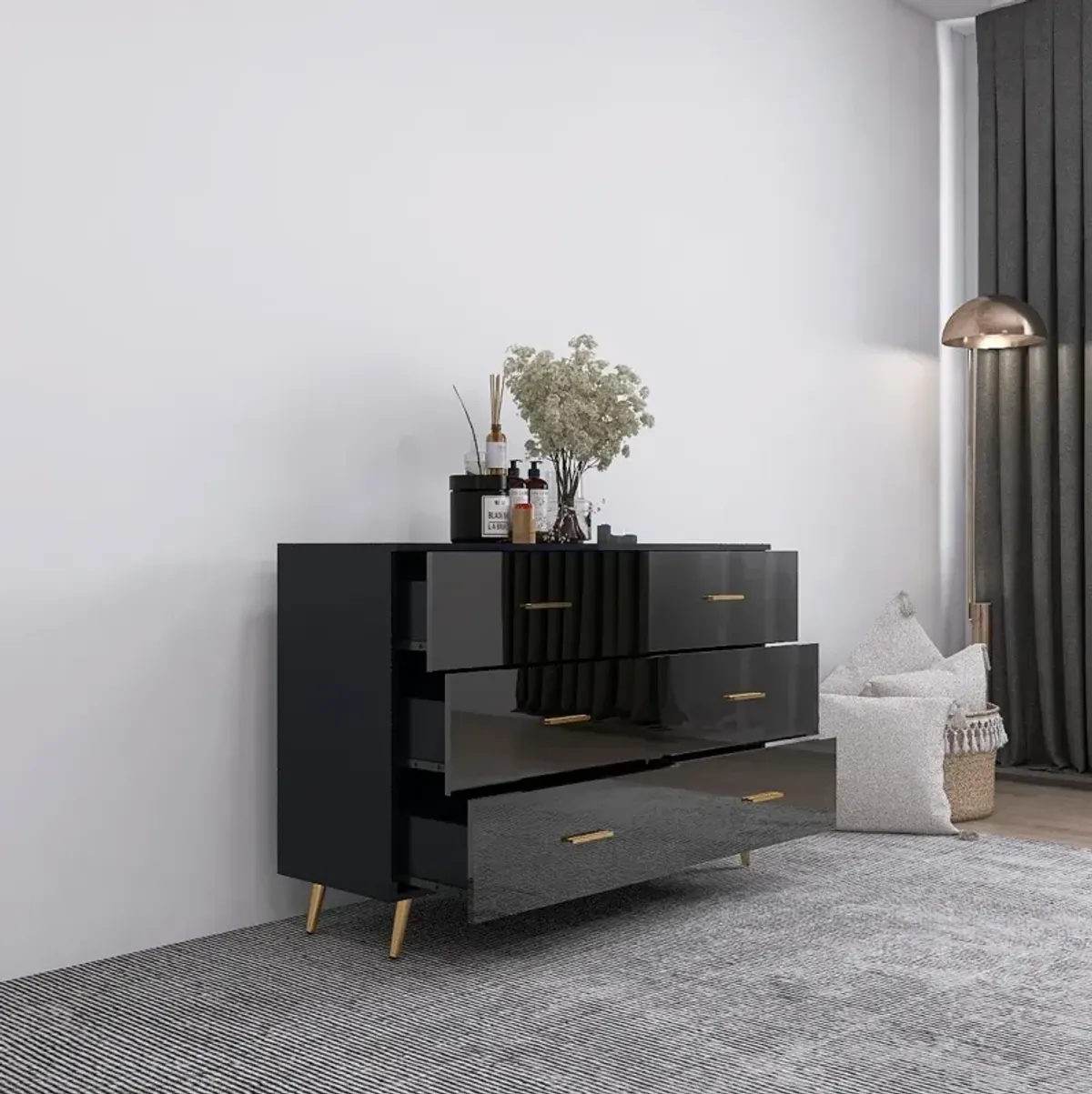 6 Drawer Chest with Golden Accents in Black Finish