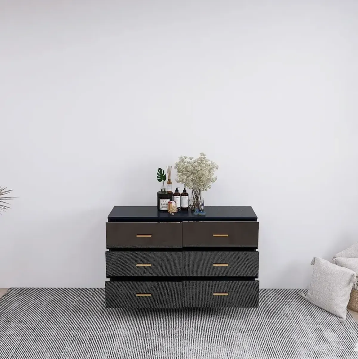 6 Drawer Chest with Golden Accents in Black Finish