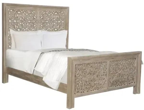 Taran Designs Calista Floral Carved Solid Wood Queen Panel Bed