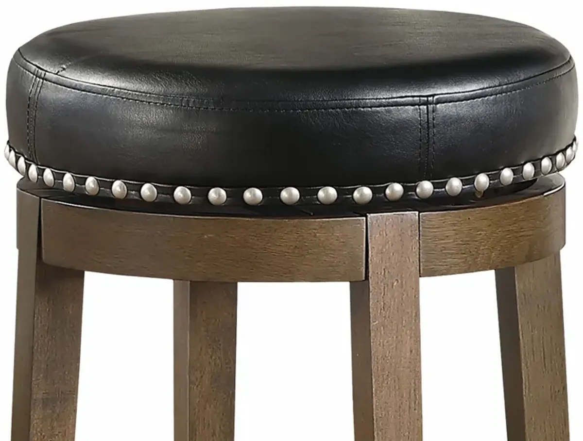 Bara 25 Inch Swivel Counter Stool, Black Round Faux Leather, Brown, Set of 2 - Benzara