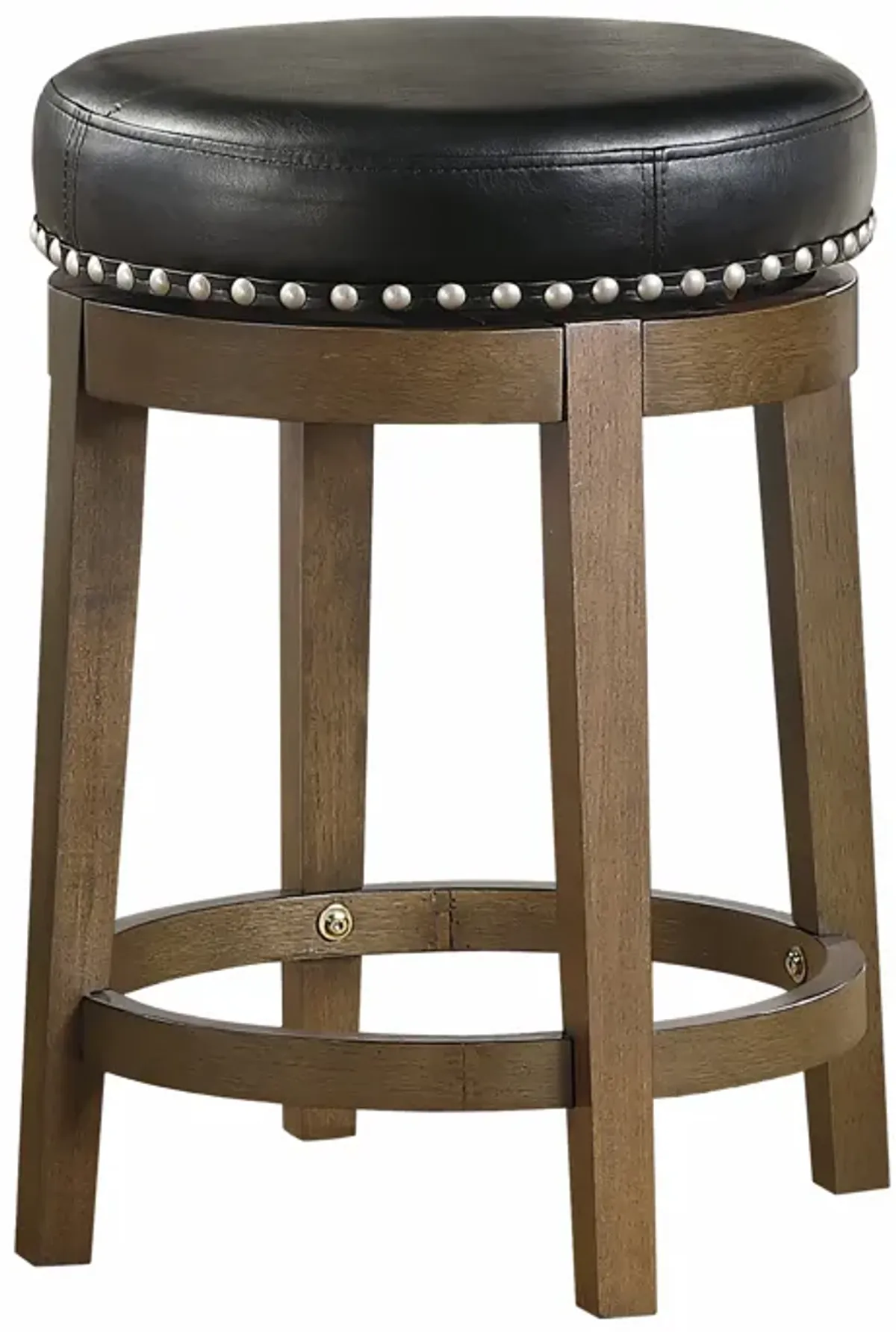 Bara 25 Inch Swivel Counter Stool, Black Round Faux Leather, Brown, Set of 2 - Benzara