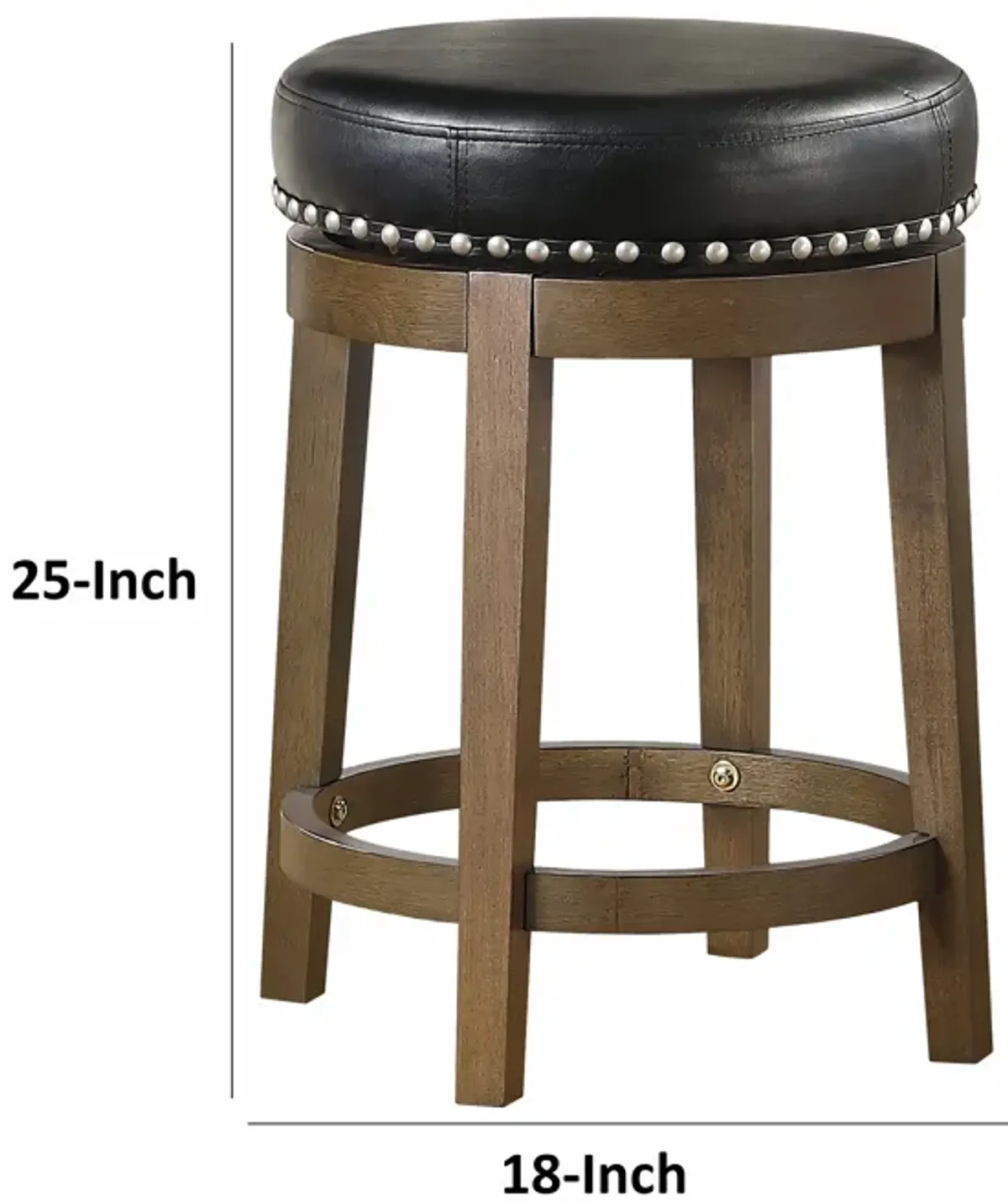 Bara 25 Inch Swivel Counter Stool, Black Round Faux Leather, Brown, Set of 2 - Benzara