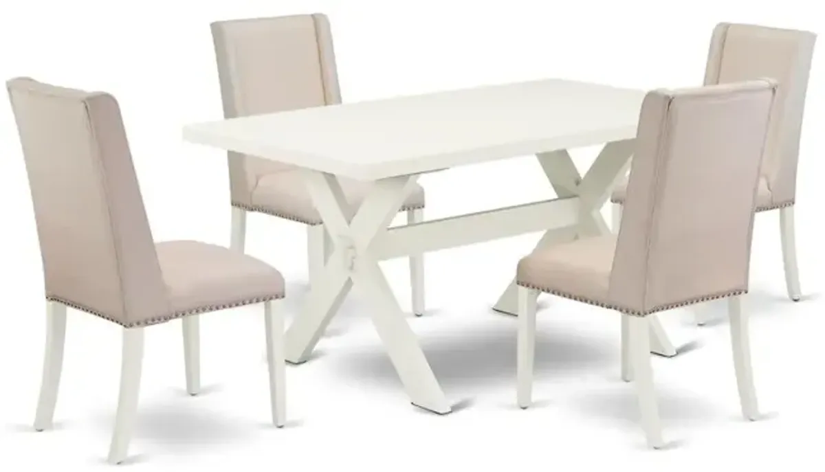 East West Furniture 5-Piece Modern Dining Table Set a Great Linen White Modern Dining Table Top and 4 Wonderful Linen Fabric Parson Dining Room Chairs with Nails Head and Stylish Chair Back, Linen Whi