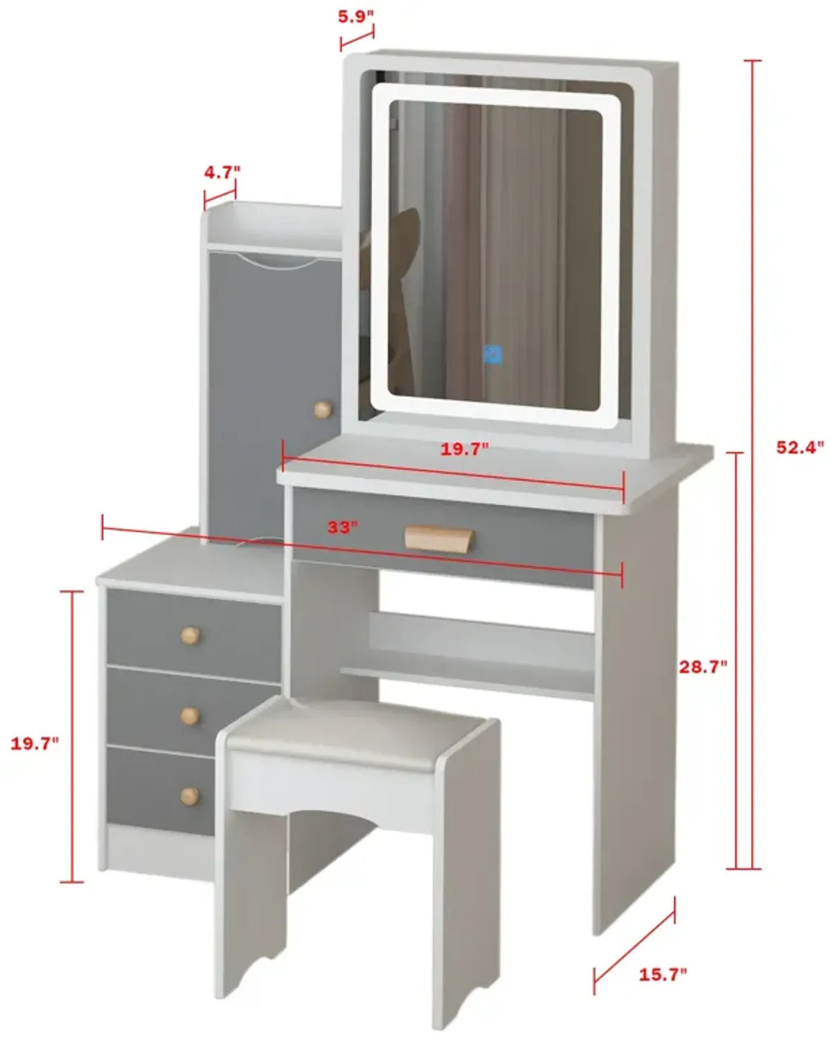 4-Drawers Wood Makeup Vanity Sets Dressing Table Sets in White with Stool, Mirror, LED Light and Storage Shelves