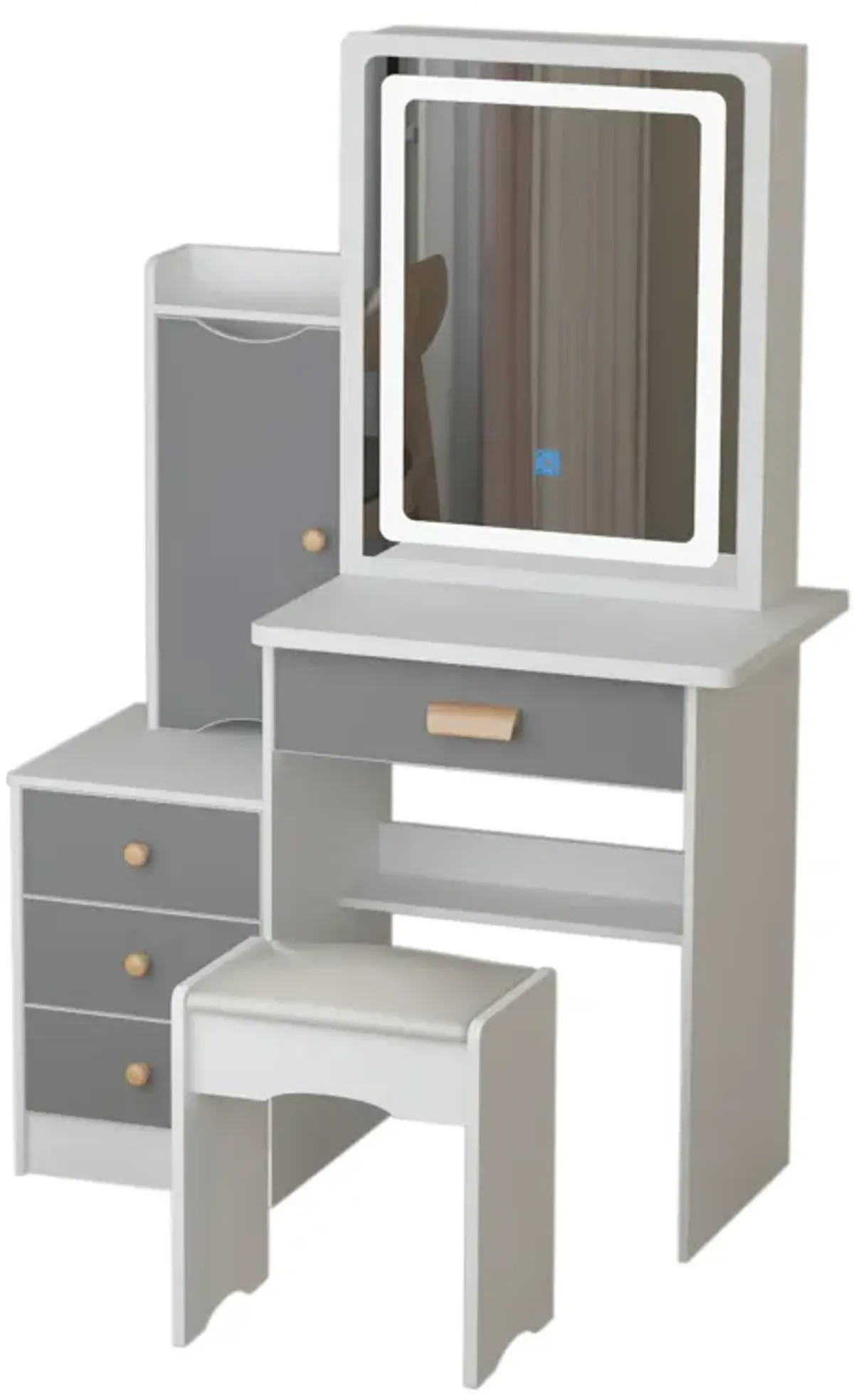 4-Drawers Wood Makeup Vanity Sets Dressing Table Sets in White with Stool, Mirror, LED Light and Storage Shelves