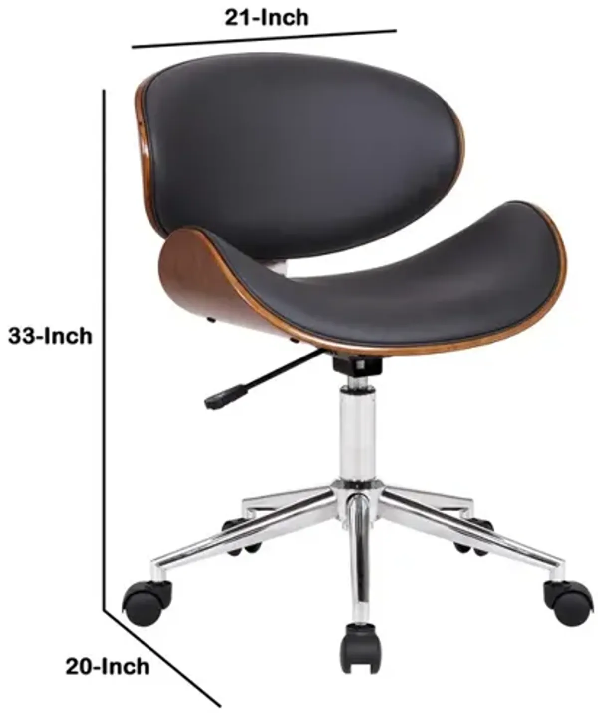 Wooden and Metal Office Chair with Curved Leatherette Seat,Black and Silver - Benzara