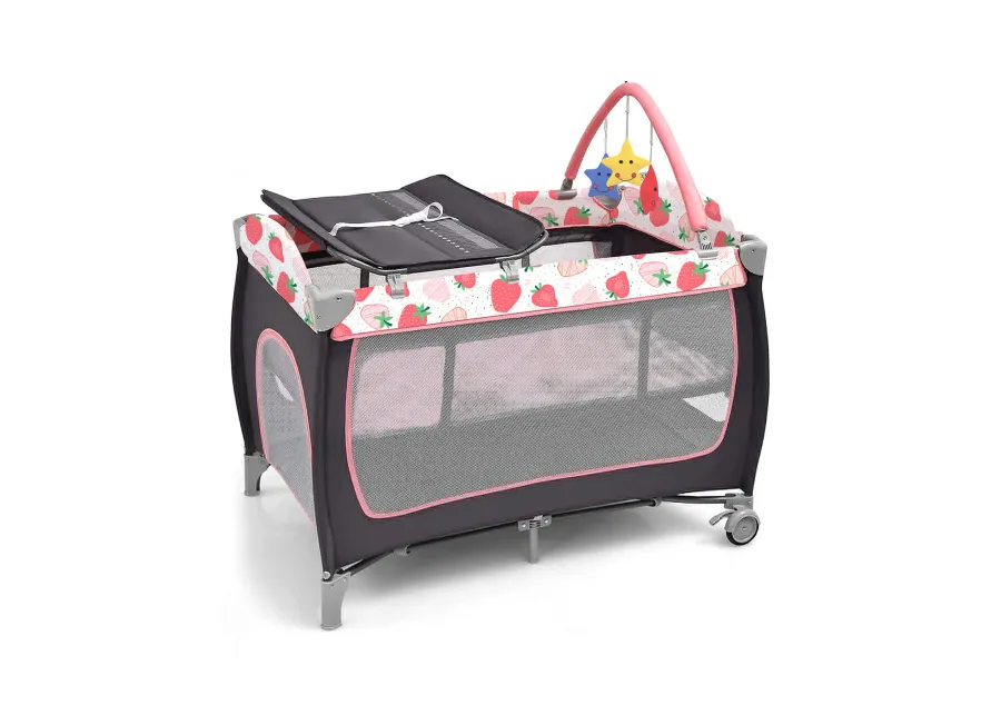 3-in-1 Portable Baby Playard with Zippered Door and Toy Bar - Red