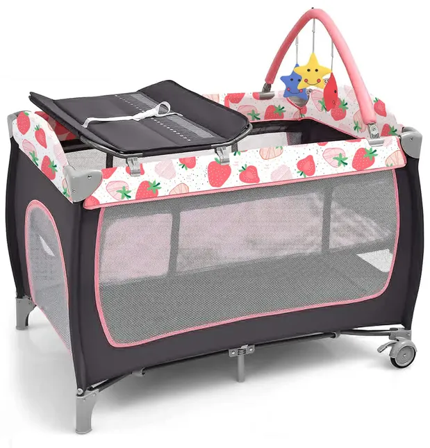 3-in-1 Portable Baby Playard with Zippered Door and Toy Bar - Red