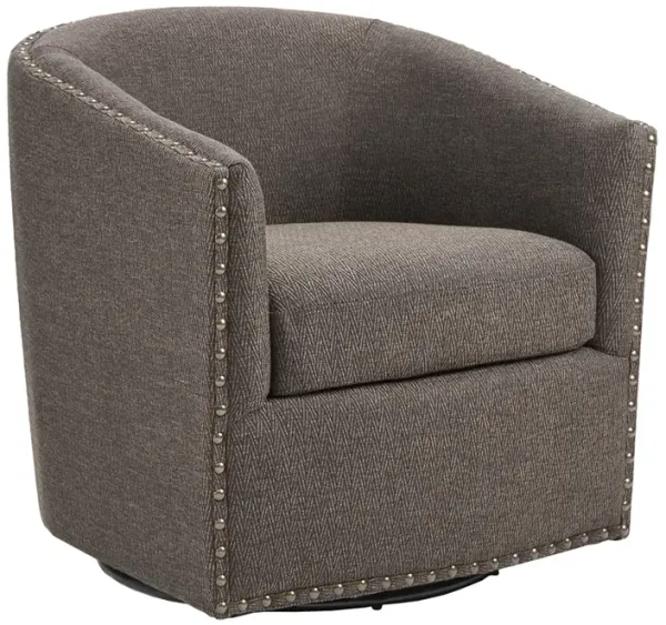 Gracie Mills Leyla Upholstered Barrel Swivel Chair with Black Metal Base