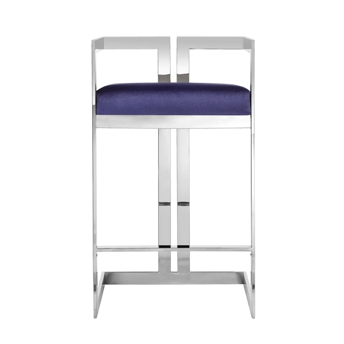 Suki 26 Inch Counter Stool Chair, Navy Velvet, Silver Stainless Steel Frame - Benzara