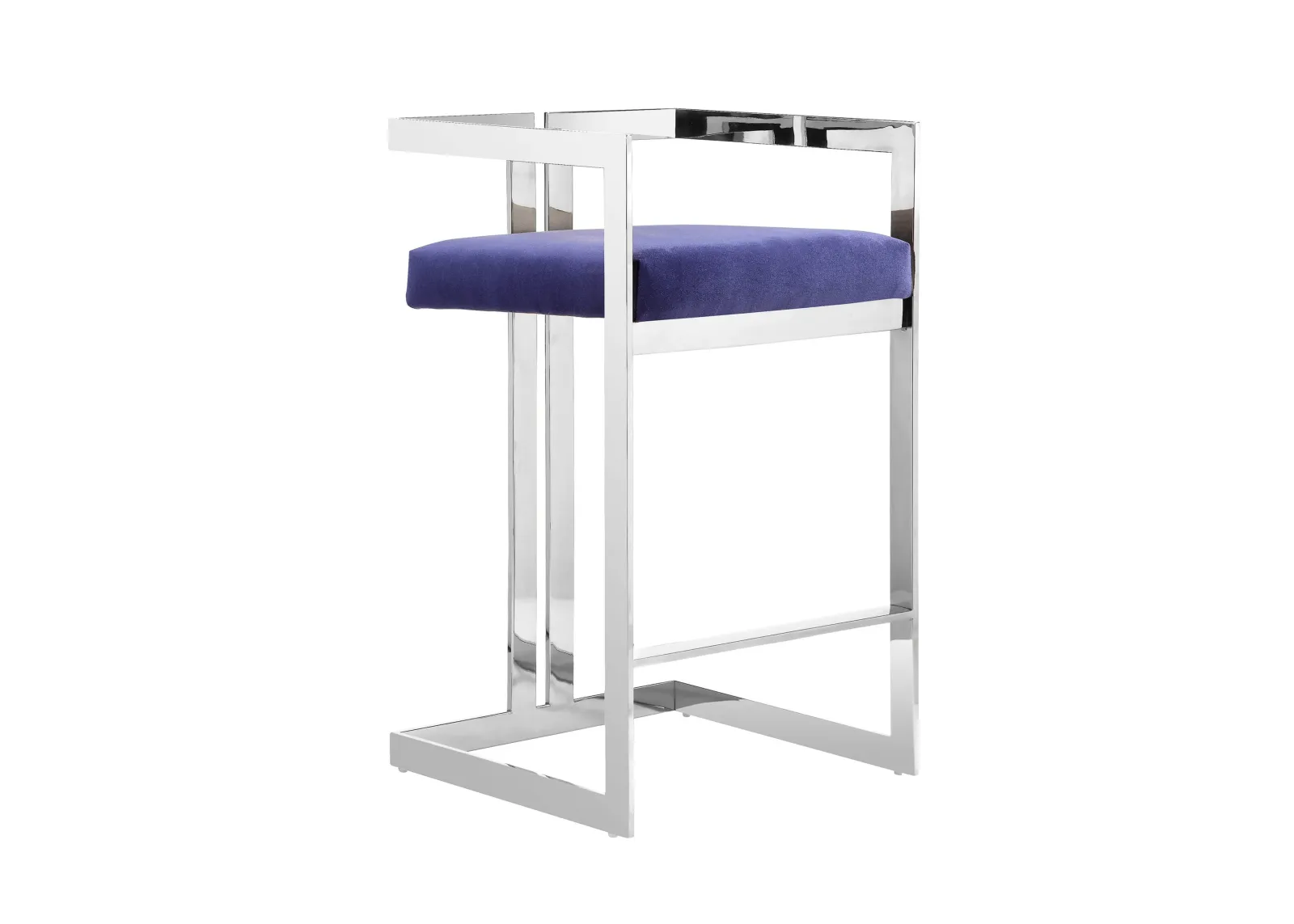 Suki 26 Inch Counter Stool Chair, Navy Velvet, Silver Stainless Steel Frame - Benzara