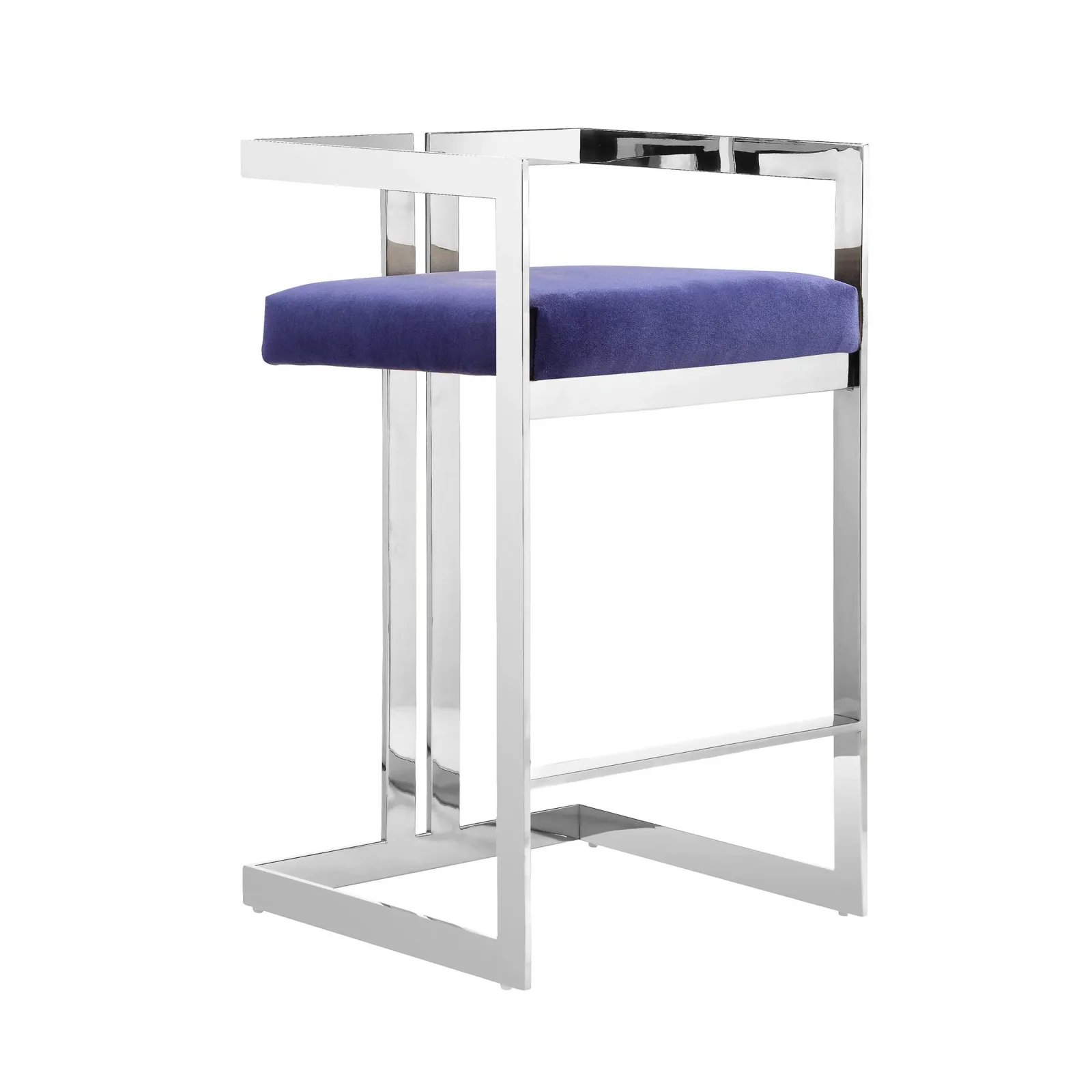 Suki 26 Inch Counter Stool Chair, Navy Velvet, Silver Stainless Steel Frame - Benzara