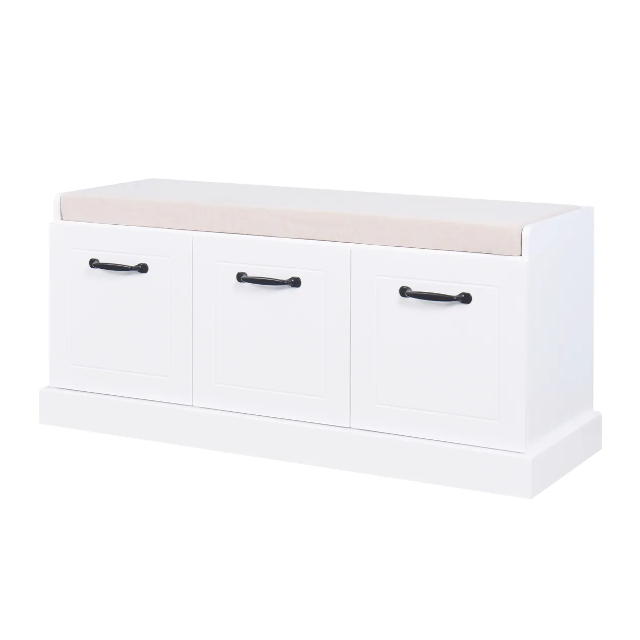 Wooden Entryway Shoe Cabinet Living Room Storage Bench with White Cushion