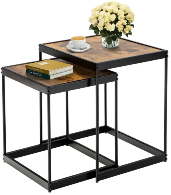 Hivvago Set of 2 Modern Nesting End Tables with Metal Legs for Living Room-Rustic Brown