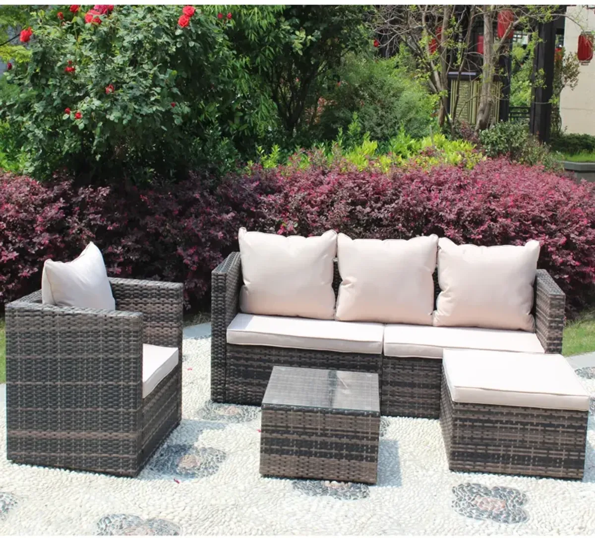 Rattan Patio Furniture Set Wicker Sofa Cushioned Sectional Furniture Set Garden Patio Sofa