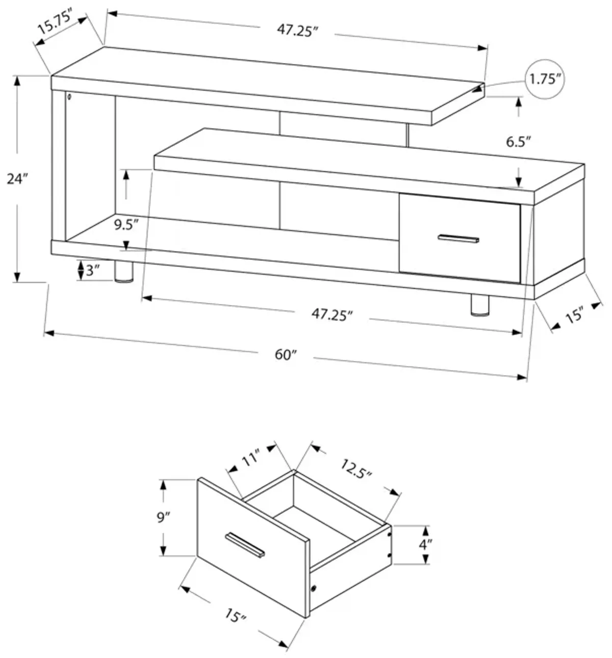 Monarch Specialties I 2575 Tv Stand, 60 Inch, Console, Media Entertainment Center, Storage Cabinet, Living Room, Bedroom, Laminate, Black, Grey, Contemporary, Modern