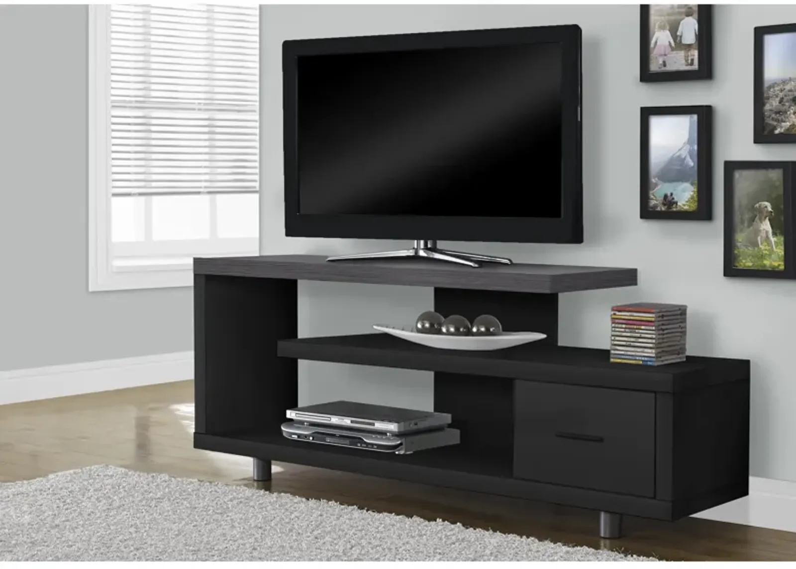 Monarch Specialties I 2575 Tv Stand, 60 Inch, Console, Media Entertainment Center, Storage Cabinet, Living Room, Bedroom, Laminate, Black, Grey, Contemporary, Modern