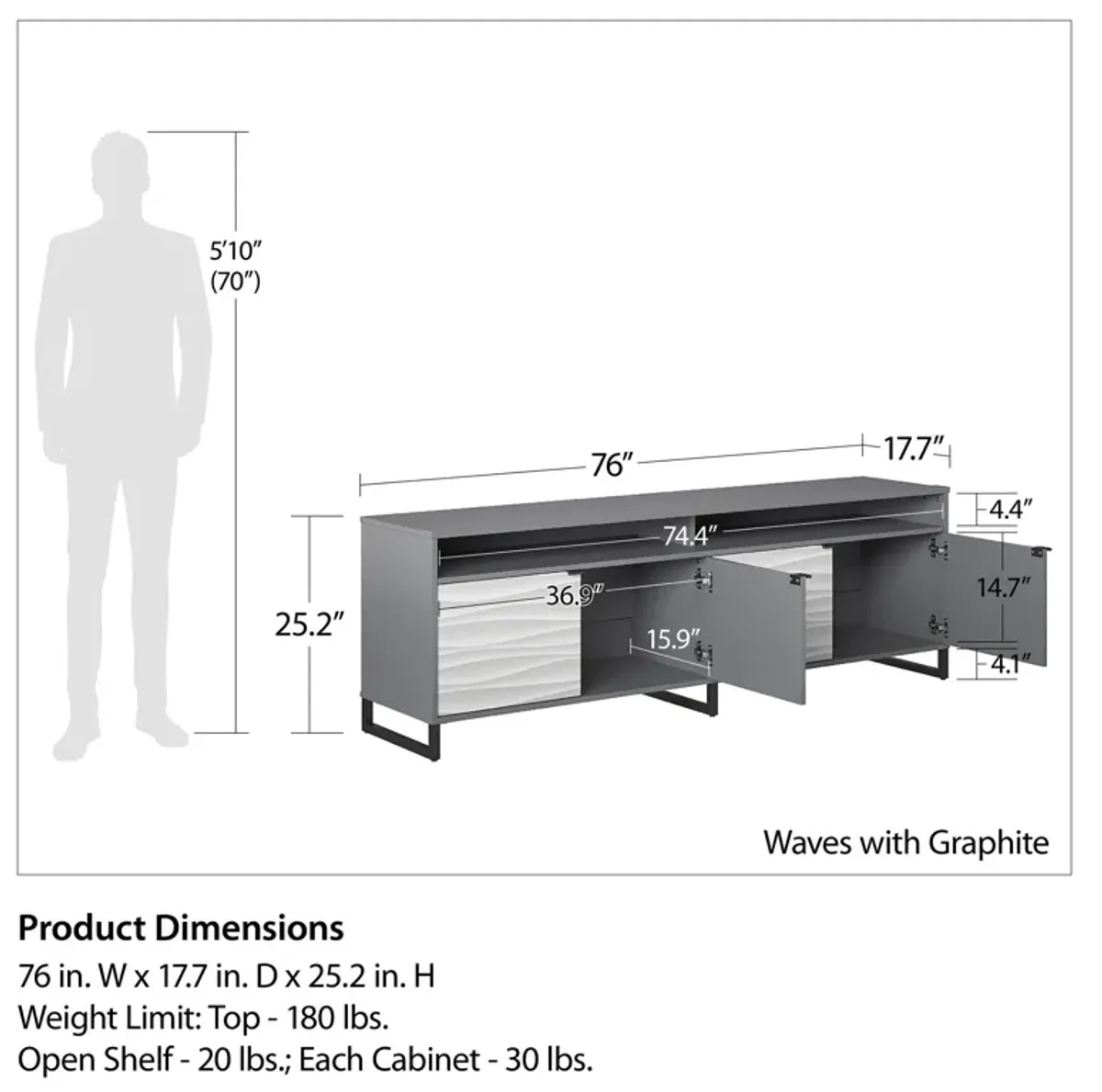 Monterey Media Console for TVs up to 85", Faux Wave with Graphite Gray