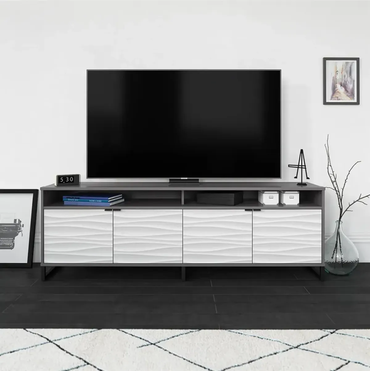 Monterey Media Console for TVs up to 85", Faux Wave with Graphite Gray